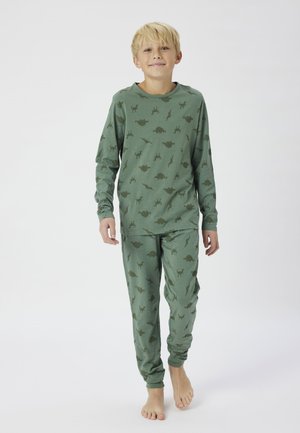 Set de pijamale din bumbac verde, cu mâneci lungi și pantaloni, decorat cu modele de dinozauri de culoare verde închis. Material moale și ușor.