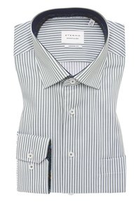Camicia a righe in grigio chiaro e bianco. Tessuto in cotone, vestibilità comoda, con un colletto interno a fantasia e una tasca sul petto.