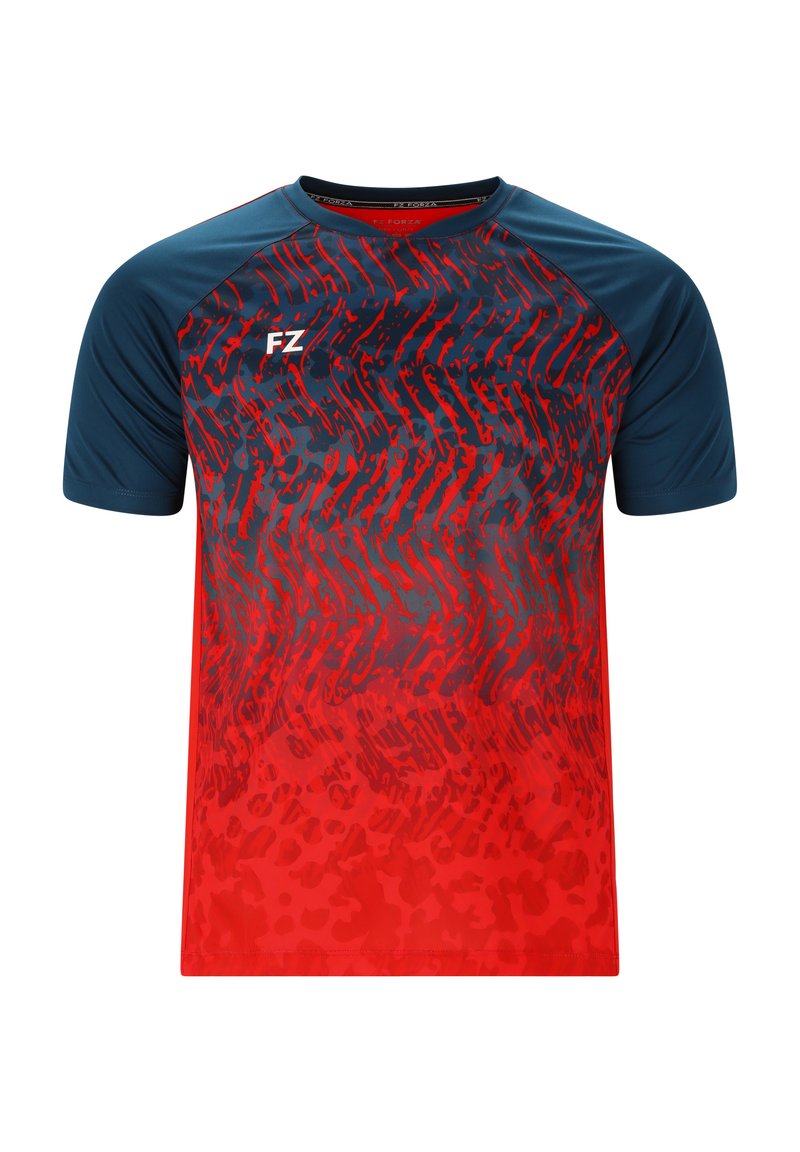 Tröja med korta ärmar för sportaktiviteter, med en blå krage och ett rödgradientmönster som har taggiga linjer och en subtil textur. Tillverkad av lättviktigt material.