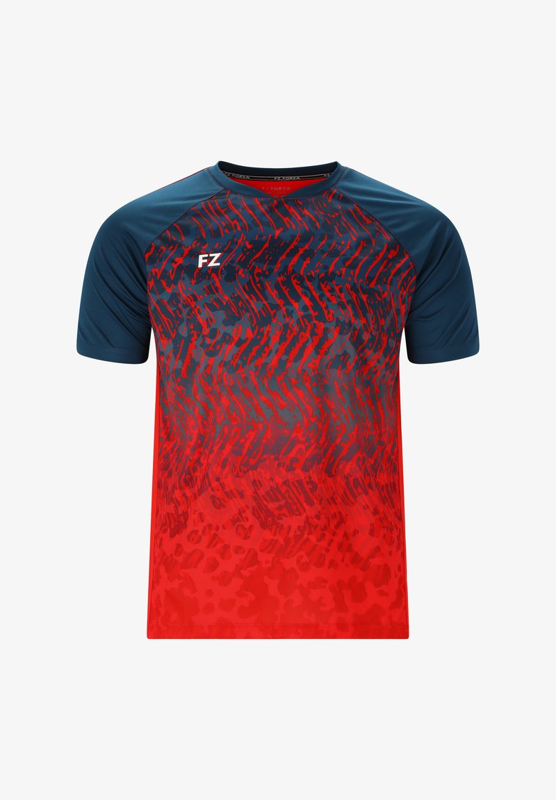 Kortærmet sports skjorte med en blå krave og et rødt gradientmønster, der har takkede linjer og subtil tekstur. Fremstillet af letvægtsstof.