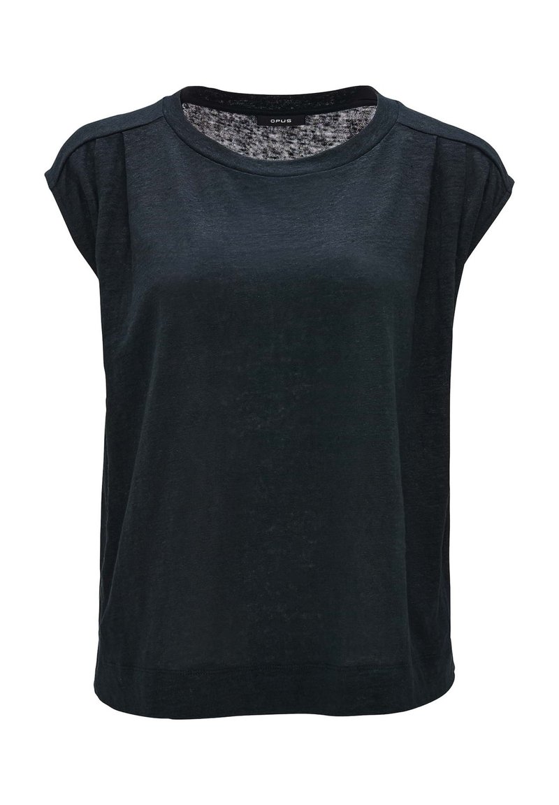 Schwarzes Kurzarmoberteil mit lockerer Passform, Rundhalsausschnitt und subtiler glänzender Oberfläche. Der Stoff wirkt weich mit einer leicht strukturierten Oberfläche.
