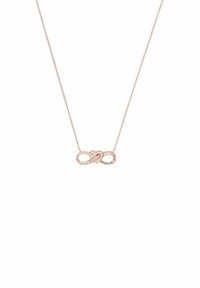 Collana in oro rosa con pendente a simbolo dell'infinito, parzialmente incrostato di piccole cristalli bianchi, montata su una delicata catena, esposta su sfondo bianco.