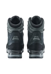 Schwarze Wanderschuhe mit grauen Akzenten, aus Wildleder und Gummi, mit gepolstertem Kragen und robusten, rutschfesten Sohlen für guten Halt.