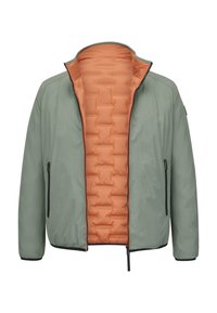 Hellgrüne Jacke mit orangefarbenem, gepolstertem Innenfutter. Verfügt über einen Stehkragen, einen Reißverschluss vorne und zwei Seitentaschen mit schwarzen Reißverschlüssen.