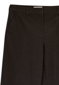 Dark brown pinstripe trousers with belt loops and side pockets, shown from the waist to mid-thigh on a white background.
