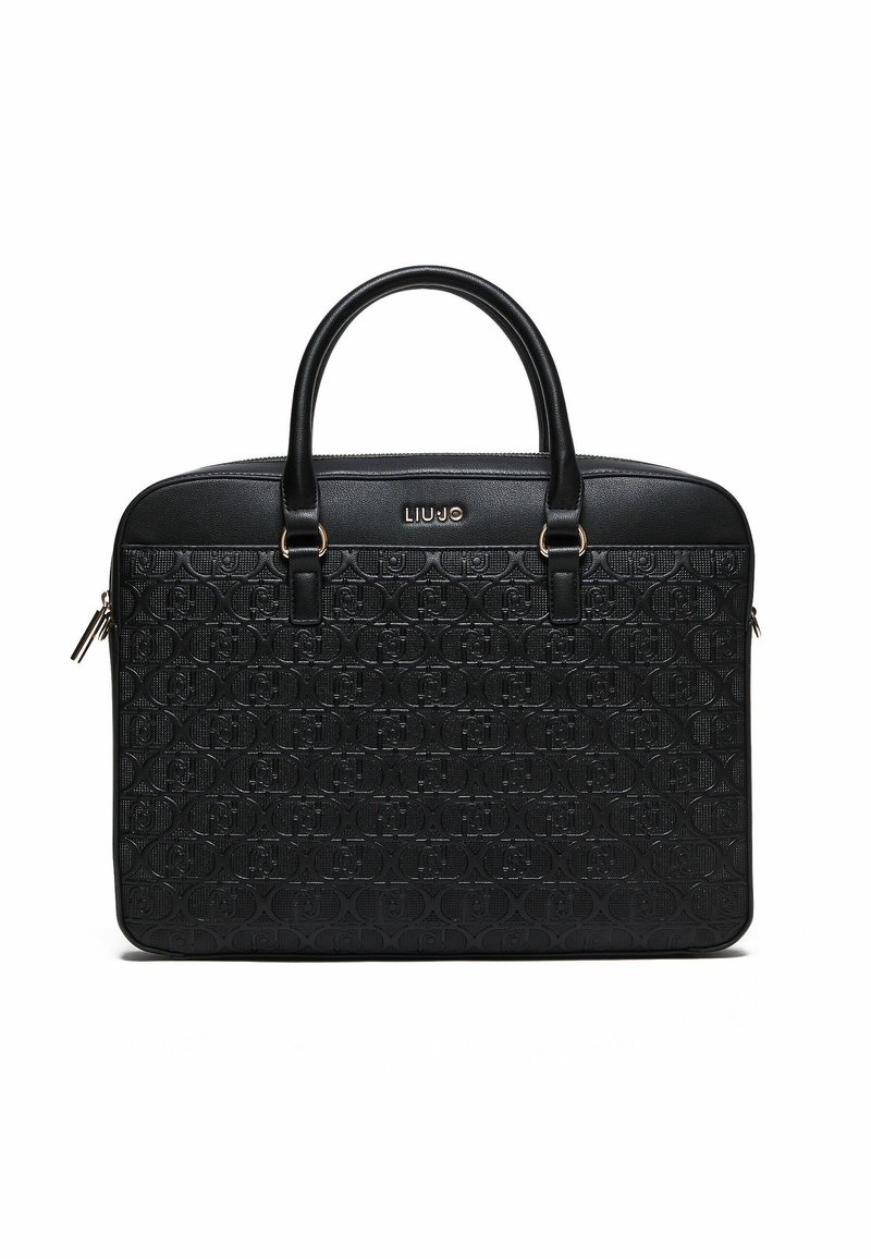 Sac à main en cuir texturé noir avec doubles poignées et tirettes de fermeture éclair dorées, présentant un motif monogramme répété et une petite plaque logo dorée.