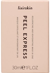 Lichtroze doos voor het "Peel Express" masker, met vetgedrukte zwarte tekst en een schoon, modern ontwerp. Bevat 30 ml (1 fl oz).