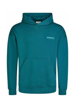 Turquoise hoodie with a front pocket, long sleeves, and a hood. Features a small logo on the chest and ribbed cuffs and hem.