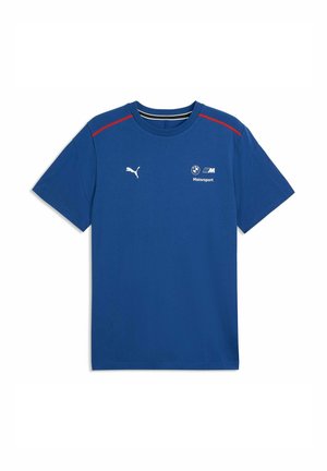 Blaues BMW Motorsport T-Shirt mit kurzen Ärmeln, weißem Puma-Logo auf der linken Brust und roten Schulterakzenten.