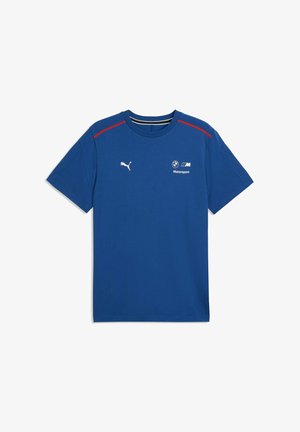 Blaues BMW Motorsport T-Shirt mit kurzen Ärmeln, weißem Puma-Logo auf der linken Brust und roten Schulterakzenten.