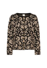 Cardigan leopard stampato nero e beige con maniche lunghe, collo rotondo e bottoni dorati sul davanti. Tessuto morbido e texture.