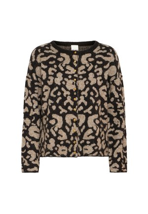Black and beige leopard print cardigan with long sleeves, round neck, and gold-tone buttons down the front. Soft, textured fabric.