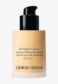 Foundation bottle with a rounded glass base and a black pump top. Features a gradient beige color with blue and black text, labeled "Designer Glow."