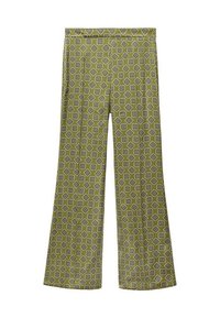 Pantalons verts à motif présentant un design hexagonal, fabriqués en tissu léger, avec une coupe large et une taille élastique.