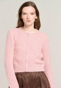 Rosa, gestrickte Strickjacke mit rundem Hals, langen Ärmeln und Fünf-Knopf-Verschluss. Weiche Textur mit geripptem Saum, kurz geschnittenes Design.