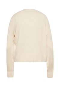 Maglione a coste color crema con maniche lunghe, collo rotondo e vestibilità corta. Texture morbida con un design pulito e minimal.