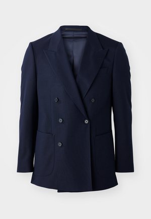 Navy double-breasted blazer, featuring a textured fabric, peaked lapels, two large front pockets, and six black buttons.