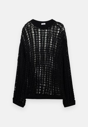 Μαύρο πουλόβερ με χαλαρή πλέξη, μακριά μανίκια και στρογγυλή λαιμόκοψη. Διαθέτει ανοιχτό, σχέδιο που μοιάζει με βελονάκι, με ριμπ μανσέτες και τελείωμα.