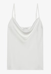 Camiseta de seda blanca con tirantes finos ajustables y escote drapeado, que presenta una textura suave y un dobladillo recto.