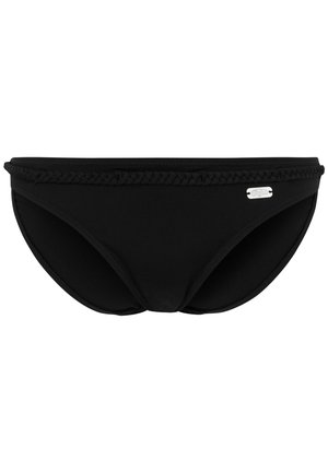 Bas de bikini noir en tissu lisse avec un accent tressé le long de la taille, comportant une petite plaque métallique sur le côté.