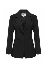 Mustas bleiser, millel on soonik kaelus, üks nupuvajutus ja kaks esikotti. Valmistatud siledast kangast, sobib hästi selga.