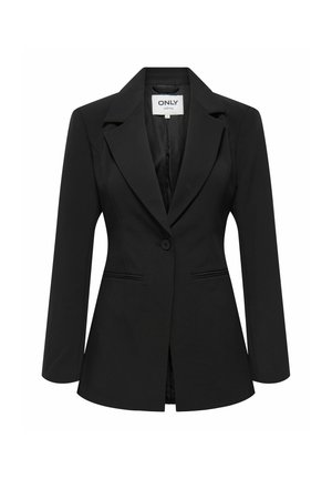 Zwarte blazer met een notch-kraag, sluiting met één knop en twee voorkeurszakken. Gemaakt van een soepele stof met een getailleerde pasvorm.