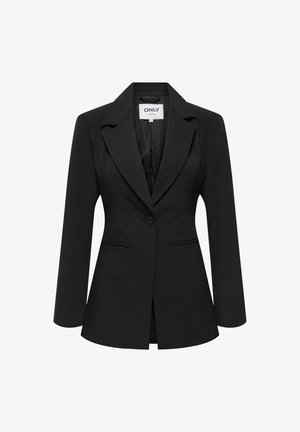 Blazer noir avec un col cranté, fermeture à un bouton et deux poches avant. Fabriqué en tissu lisse avec une coupe ajustée.