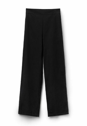 Pantalon noir à jambes larges avec une taille haute élastique, devant plat, sans poches ni fermetures visibles, posé à plat sur un fond blanc.