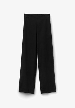 Pantalon noir à jambes larges avec une taille haute élastique, devant plat, sans poches ni fermetures visibles, posé à plat sur un fond blanc.