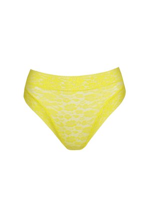 Ropa interior de encaje amarilla estilo bikini con un patrón floral, textura suave y una cinturilla ancha. Tejido ligero y semitransparente.