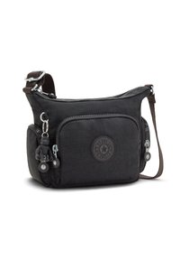 Borsa a tracolla nera in nylon con spallaccio regolabile, tasca con zip frontale, toppa circolare con logo e ciondolo a forma di scimmia. Design testurizzato e resistente.