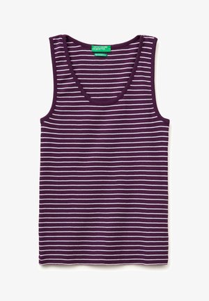 Fioletowy top na ramiączkach z cienkimi, białymi poziomymi paskami i okrągłym dekoltem, metka z napisem "United Colors of Benetton."