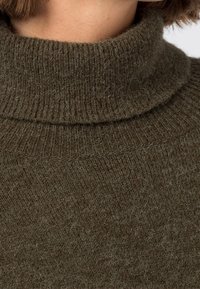 Pull à col roulé vert olive en maille avec un col côtelé et une texture douce. Présente une coupe ample avec un motif tricoté dense et subtil.
