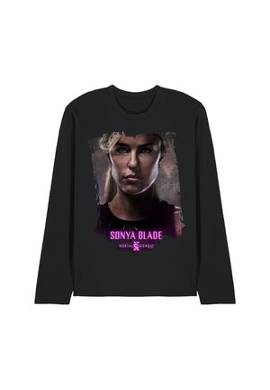 Black long-sleeve shirt with a close-up portrait of Sonya Blade from Mortal Kombat and her name in pink text below the image.