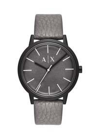 Runde Uhr mit einem strukturierten grauen Lederarmband, schwarzem Metallgehäuse und einem dunkelgrauen Zifferblatt mit silbernen Stundenmarkierungen und Zeigern.