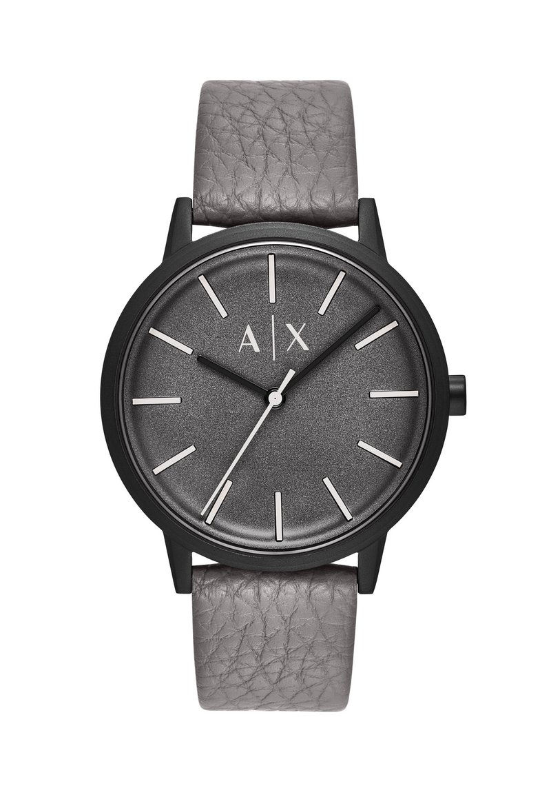 Runde Uhr mit einem strukturierten grauen Lederarmband, schwarzem Metallgehäuse und einem dunkelgrauen Zifferblatt mit silbernen Stundenmarkierungen und Zeigern.