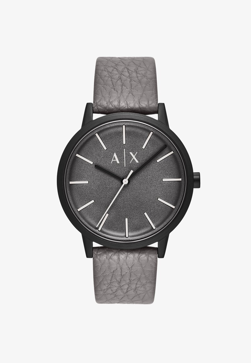 Runde Uhr mit einem strukturierten grauen Lederarmband, schwarzem Metallgehäuse und einem dunkelgrauen Zifferblatt mit silbernen Stundenmarkierungen und Zeigern.