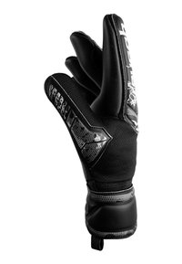 Guanto da portiere nero con tre dita, materiale neoprene testurizzato, palmo rinforzato, accenti neri lucidi e un tab di estrazione al polso.