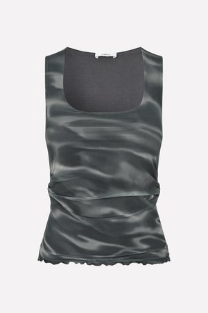 Sleeveless fitted top in dark gray satin with a smooth texture, scoop neckline, gathered side detail, and scalloped hem.