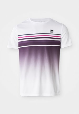 Witte T-shirt met korte mouwen, versierd met horizontale paarse en roze strepen, gradient effect van donkerpaars naar wit, met een F-logo op de bovenste linkerzijde.
