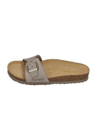 Gray suede slide sandal featuring a wide strap with a metal buckle, a cushioned cork footbed, and a textured rubber outsole.