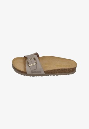 Gray suede slide sandal featuring a wide strap with a metal buckle, a cushioned cork footbed, and a textured rubber outsole.