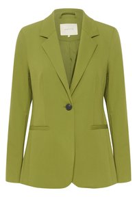 Blazer ajustado verde oliva con solapas de muesca, cierre con un botón negro, mangas largas y dos bolsillos frontales con ribete.