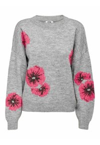 Grauer Pullover mit langen Ärmeln, der große rosa Blumenmuster aufweist. Hergestellt aus weichem Material mit lockerer Passform und gerippten Bündchen.