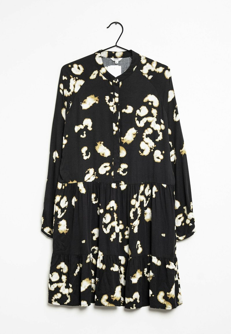 Abito nero con maniche lunghe, caratterizzato da un design a strati e una stampa leopardata bianca. Realizzato in tessuto leggero con scollo a bottoni.