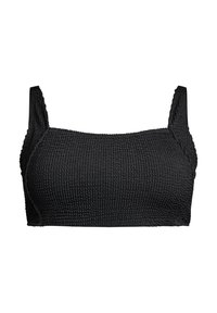 Zwarte, textuur bralette met brede bandjes en een solide, naadloze ontwerp, met een geweven, verhoogd patroon over de stof.