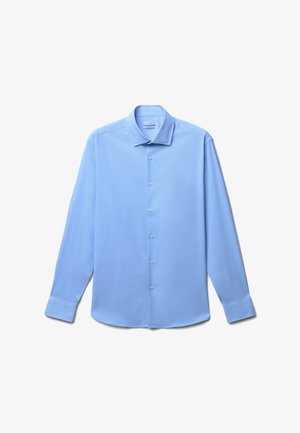 Himmelblaues Langarmhemd aus glattem Stoff, mit einem Button-Down-Kragen, Frontknöpfen und Ein-Knopf-Manschetten.