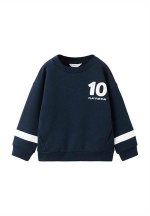 Sweat-shirt bleu marine en coupe ample, avec des rayures blanches sur les manches et un graphisme devant "10" et "PLAY FOR FUN." Confectionné en matériau doux.