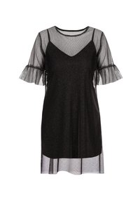 Czarna sukienka z krótkimi, falbaniastymi przezroczystymi rękawami, warstwowym krojem i głębokim dekoltem w kształcie litery V. Wykonana z błyszczącego, lekkiego materiału siateczkowego.