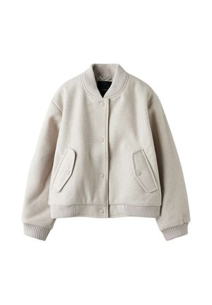 Blouson aviateur en laine beige clair avec col, poignets et ourlet côtelés, fermeture à boutons-pression et deux poches à rabat sur le devant.